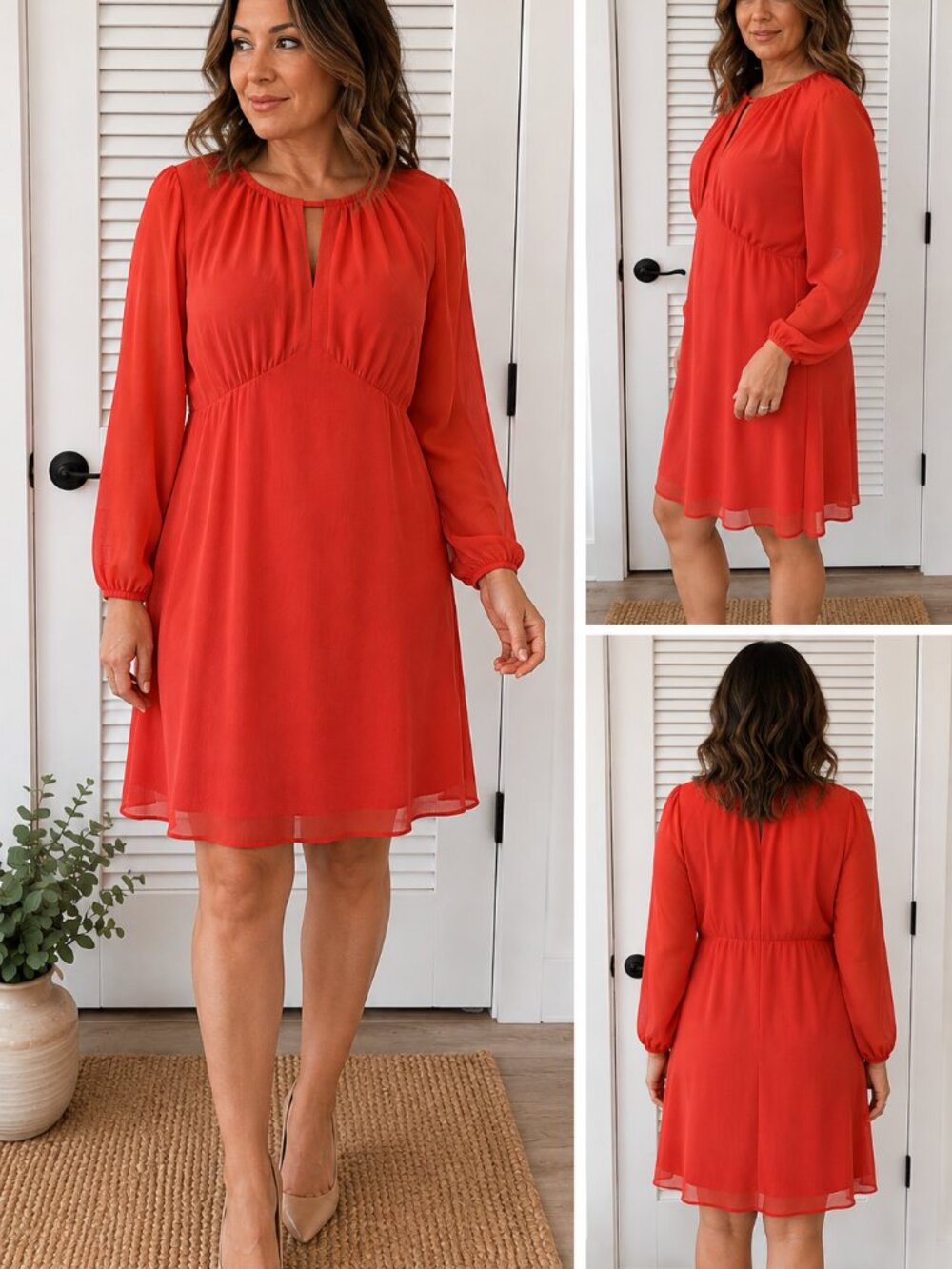 Jessica Howard Coral Chiffon Dress 14 Long Sleeve Keyhole Neckline NWT